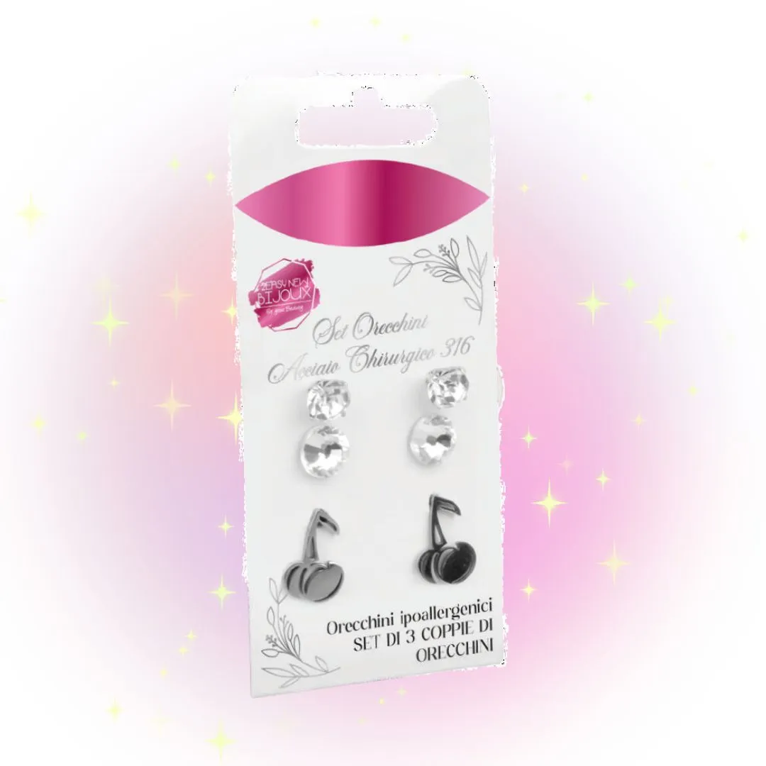 Set 3 Coppie Orecchini Acciaio Chirurgico 316 Ciliegia – 2Easy New Bijoux