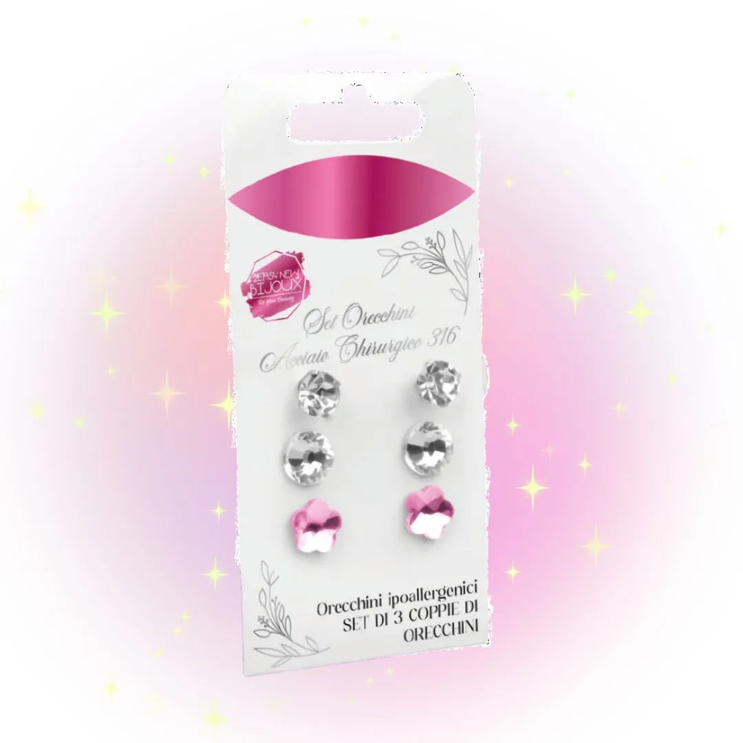 Set 3 Coppie Orecchini Acciaio Chirurgico 316 Punto Luce Fiore Rosa – 2Easy New Bijoux